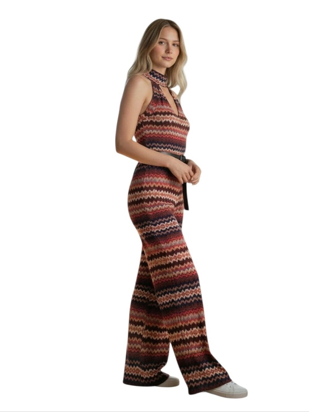 Eye Candy Sleeveless Chevron Halter Jumpsuit in Rust, Navy & Cream Sz small